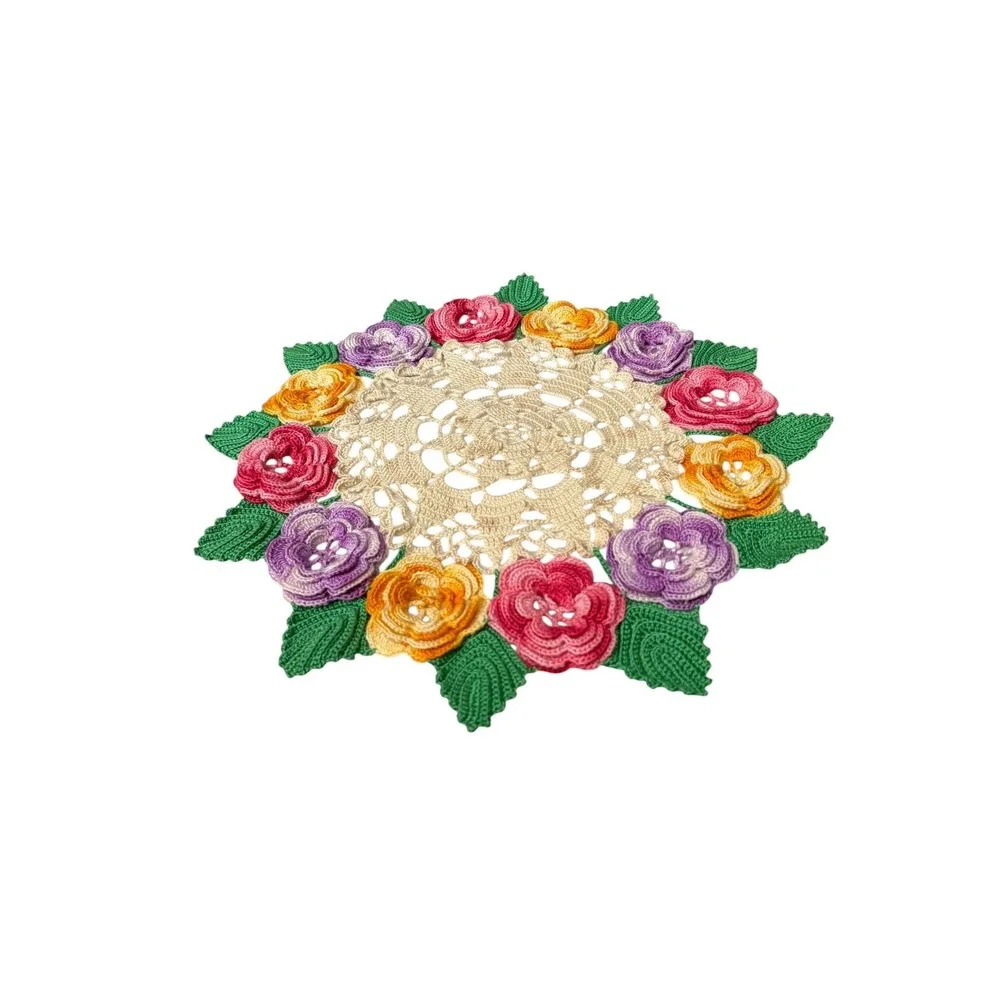 Handmade Crochet Rose‎ Posy Doily 12 Inch Floral Centerpiece Decor